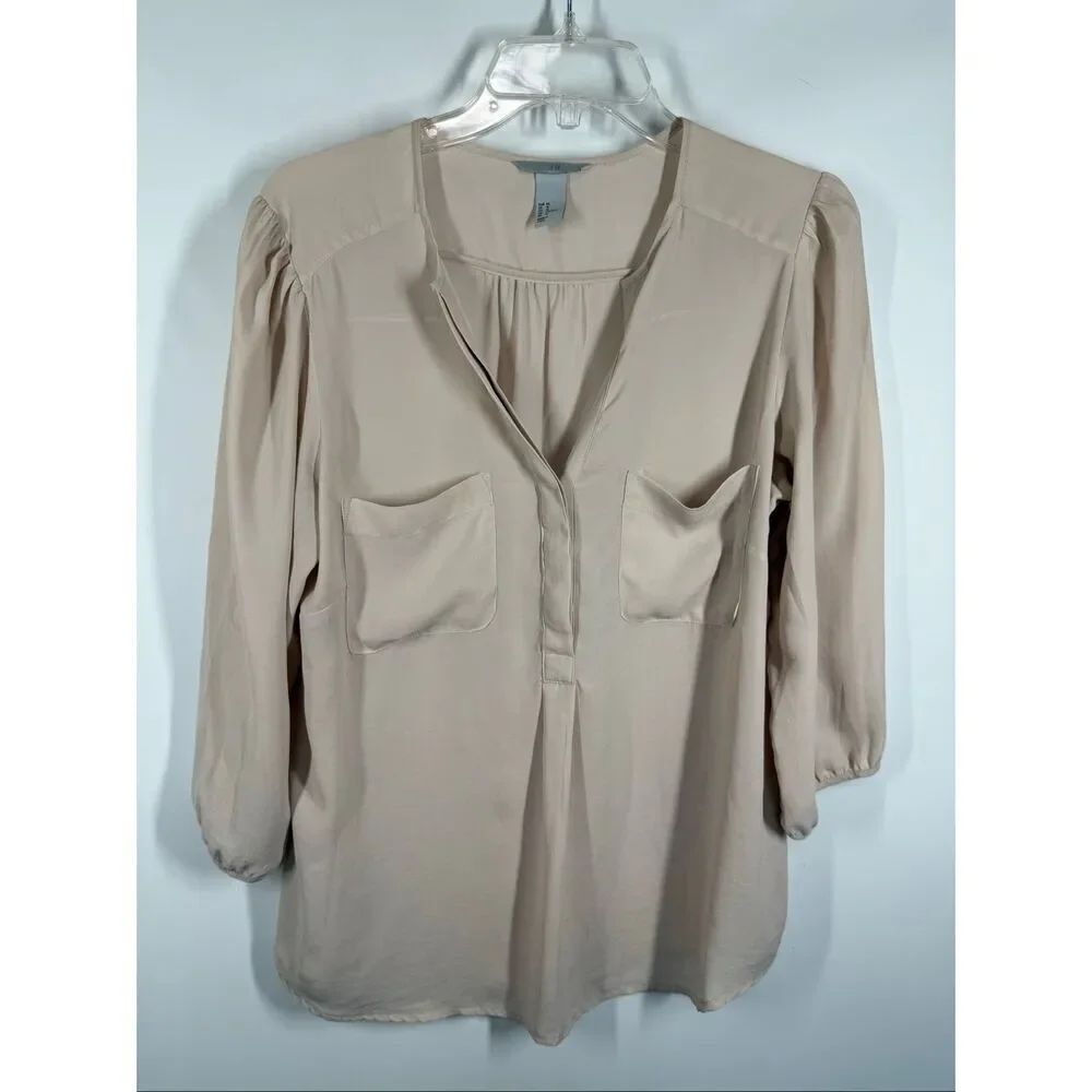B7 H&M Women blush sheer 3/4 sleeve blouse top size 14